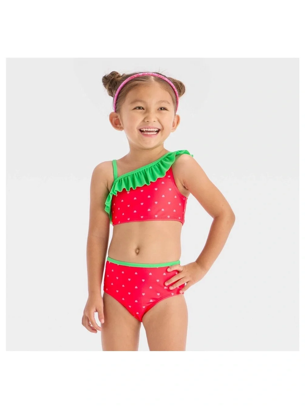 Strawberry 🍓 Cat & Jack Pink and Green One-Shoulder Ruffle Bikini
